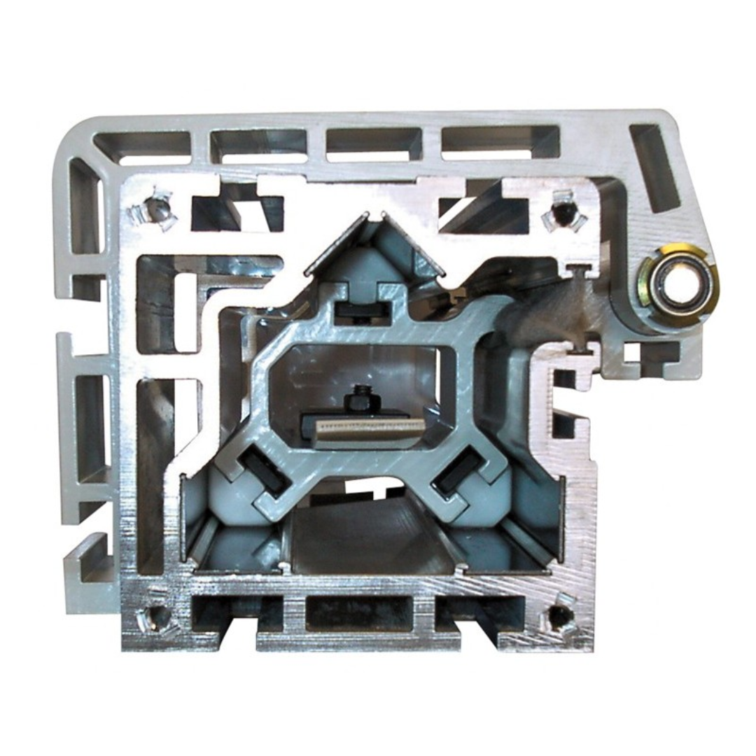 Internal mechanical structure of the OMGA Stop 16 - RH Programmable Stop/Positioner System showing precision linear encoder positioning components