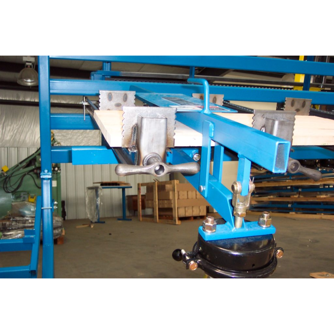 JLT #180A-M2 Pneumatic Panel Flattener in operation flattening wood panels during glue-up process in production environment