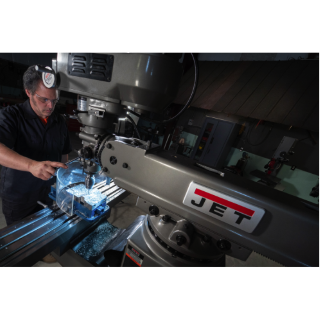 Jet 50 x 10" Knee Milling Machine: 3.00 hp, Electronic Variable Speed, Three Phase  60 RPM Min, 4200 RPM Max, R8 Spindle Taper 691050 machine in use top left angle