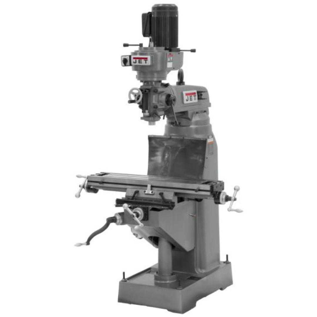 Jet 7-7/8 x 35-3/4" Knee Milling Machine: 1.5000 hp, Step Pulley, Three Phase  120 RPM Min, 1550 RPM Max, R8 Spindle Taper 690038 full view machine facing left side