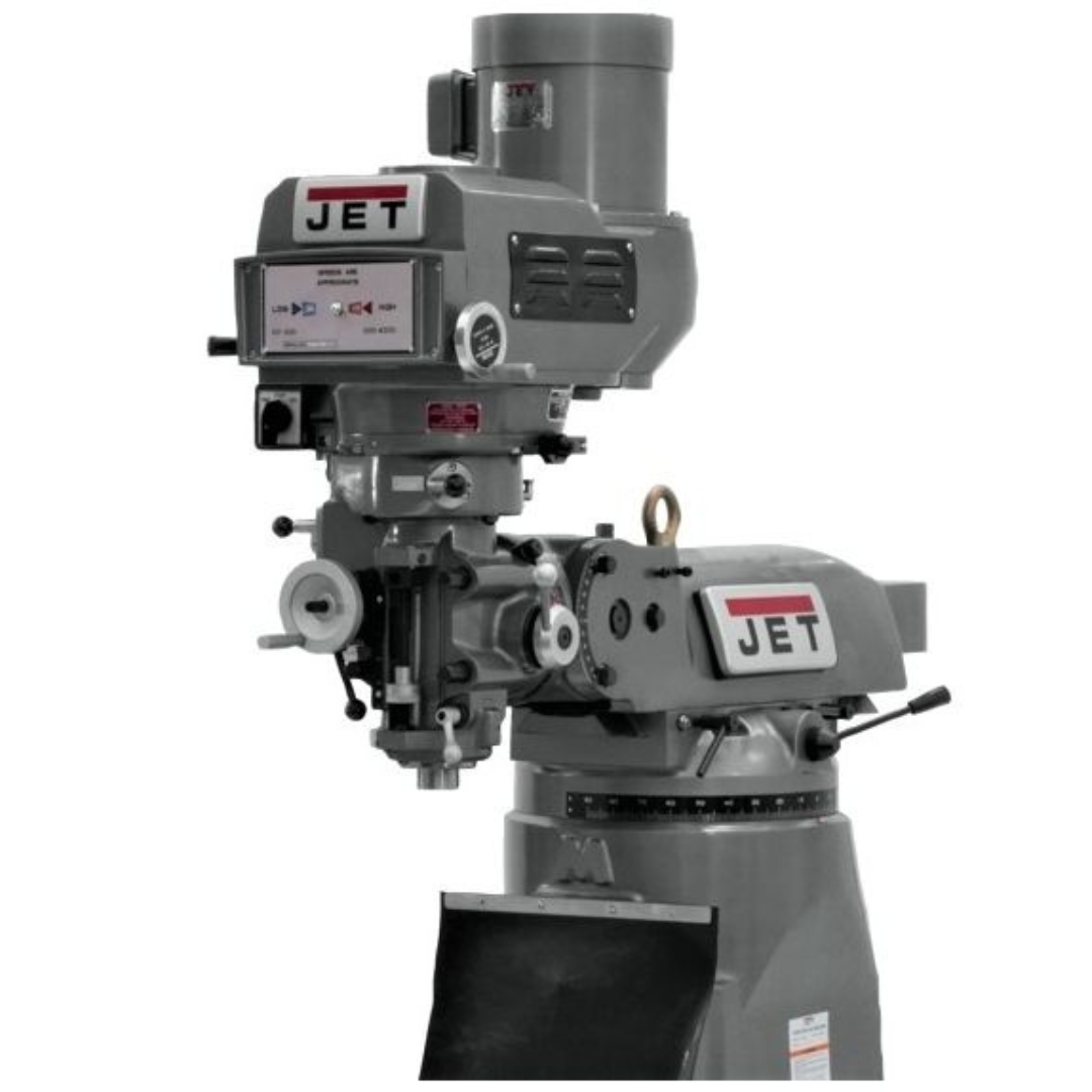 Jet 9 x 49" Knee Milling Machine: 3.0000 hp, Variable Speed Pulley, Three Phase  60 RPM Min, 4200 RPM Max, R8 Spindle Taper 690182  top of machine