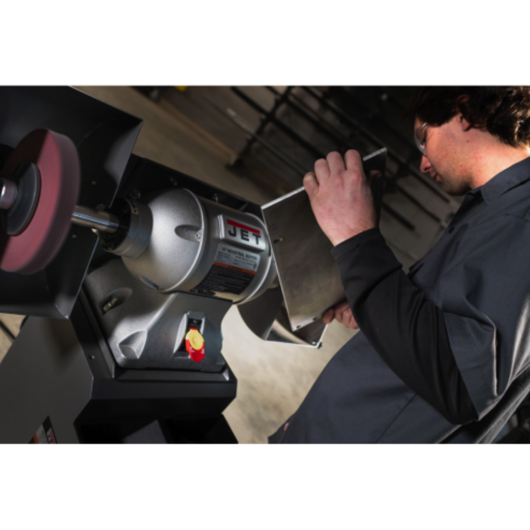 Jet Bench Buffer: 10" Wheel Dia, 1" Arbor Hole Dia  115 & 230 V, 1 Phase, 1,800 Max RPM 578410  machine in work