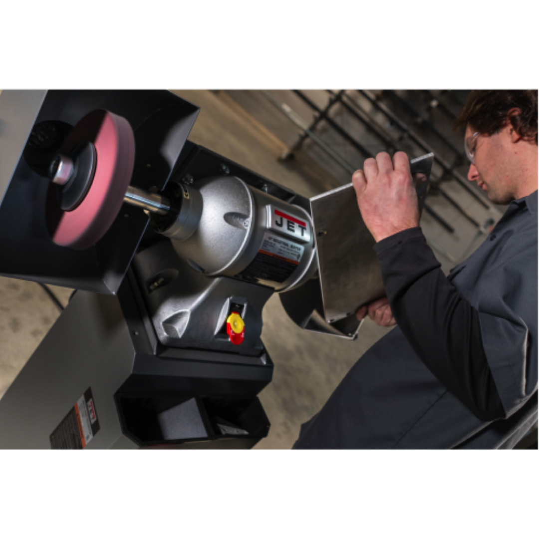 Jet Bench Buffer: 12" Wheel Dia, 1-1/4" Arbor Hole Dia, 2 hp  230 V, 1 Phase, 1,800 Max RPM 578412 right side front of machine in use