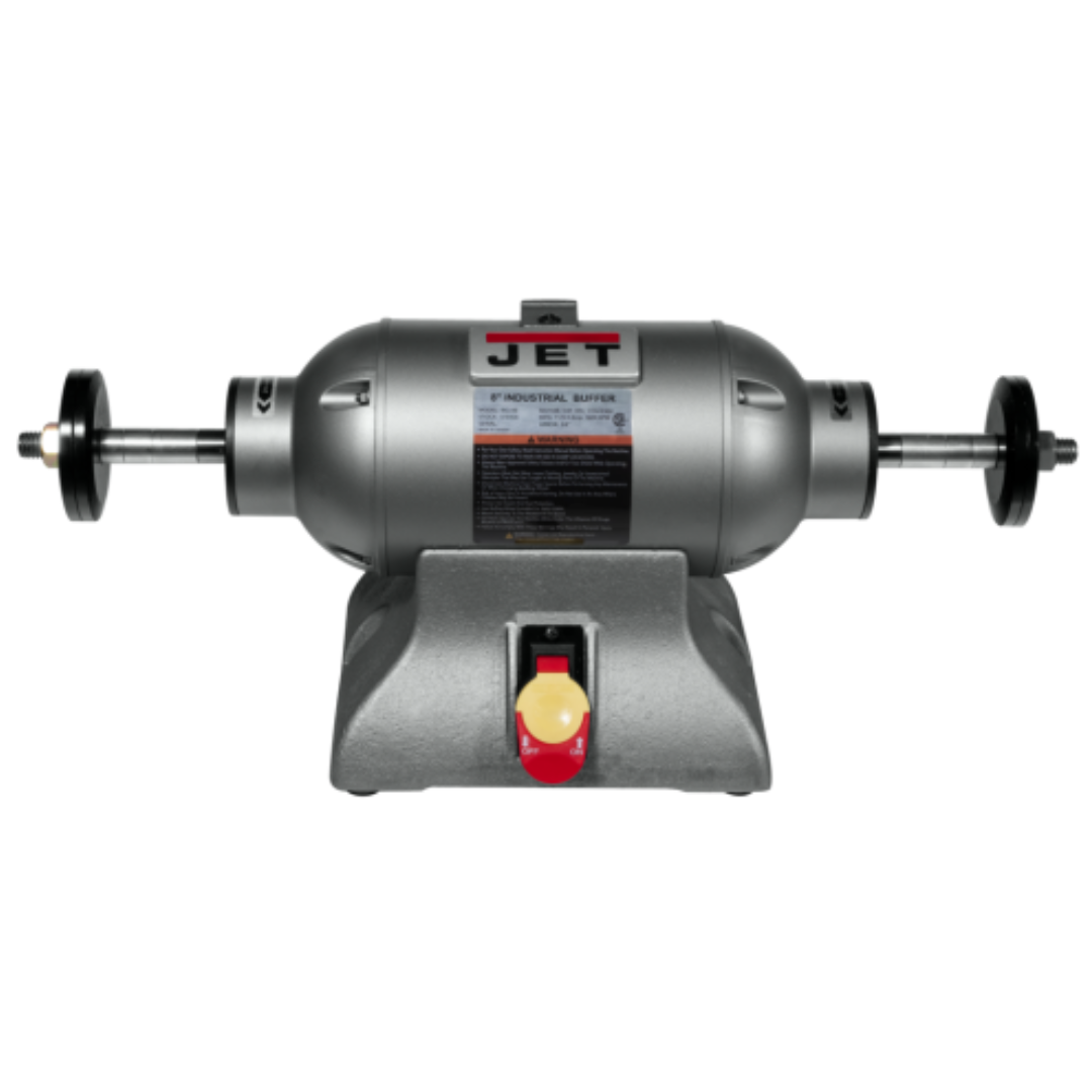 Jet Bench Buffer: 8" Wheel Dia, 5/8" Arbor Hole Dia, 1 hp  115 & 230 V, 1 Phase, 3,600 Max RPM 577408 front view with label