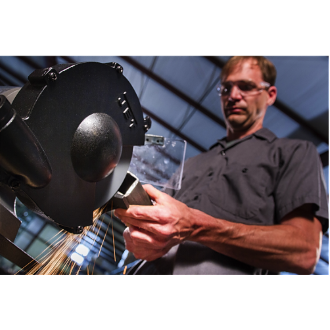 Jet Bench Grinder: 6" Wheel Dia, 1/2" Arbor Hole Dia  115 V, 1 Phase, 3,450 Max RPM 577126 man using machine