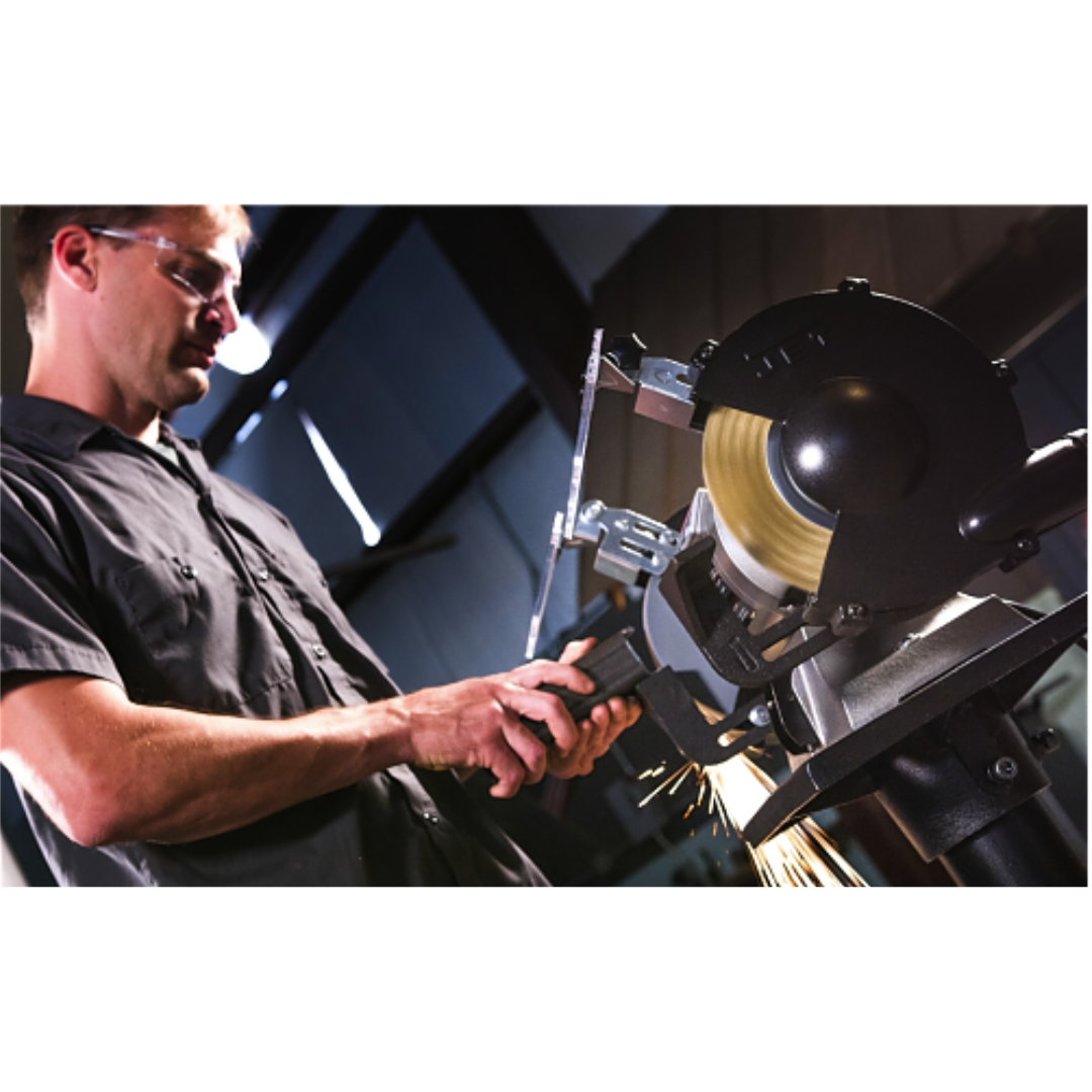 Jet Bench Grinder: 8" Wheel Dia, 5/8" Arbor Hole Dia, 1 hp 577128 machine in use by employee