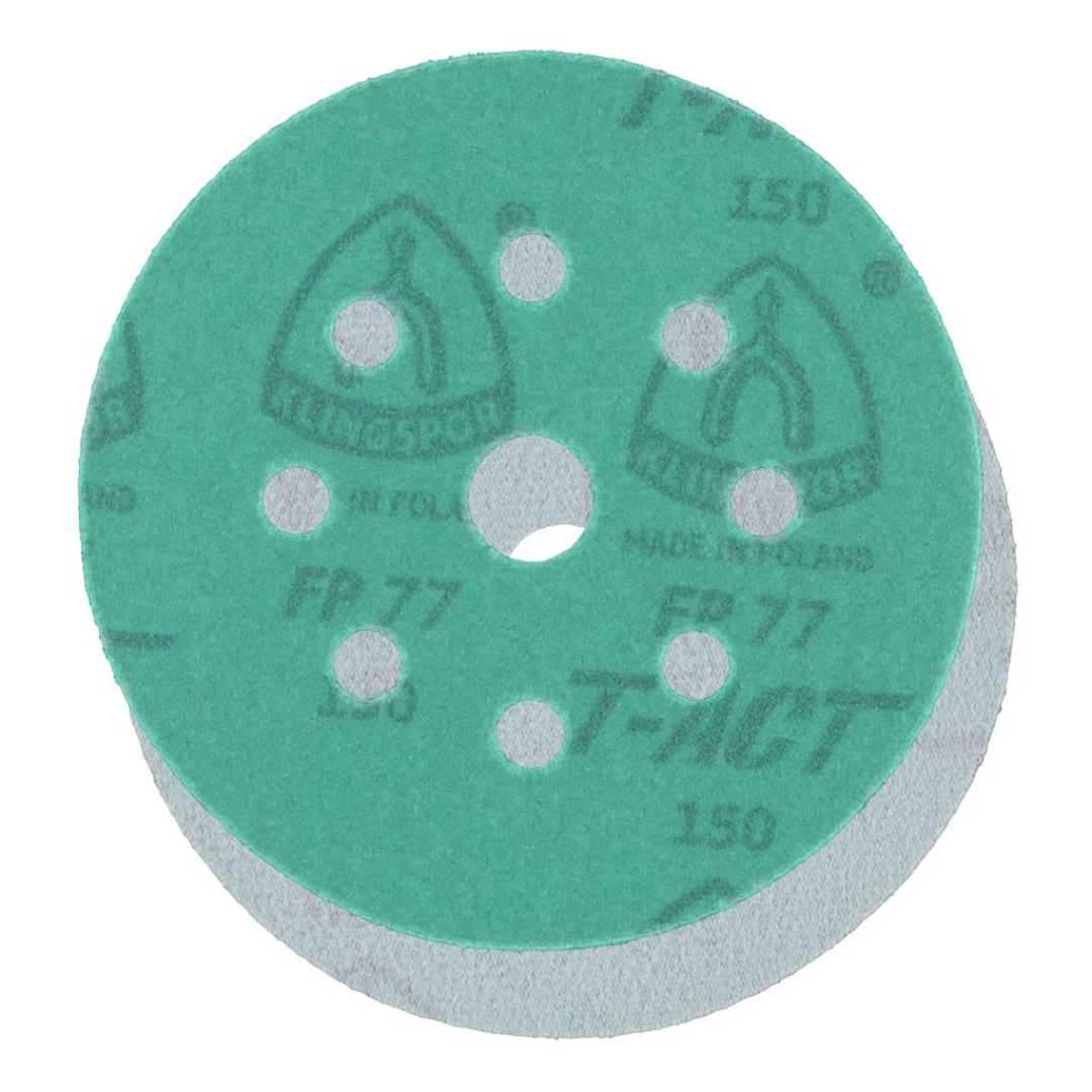 Klingspor FP77 GreenTec 120 Grit film sanding disc with 5-inch diameter, Festool-compatible 9-hole dust extraction pattern, 5/8-inch center hole, waterproof 3 mil film backing, aluminum oxide grain, T-ACT coating, and Kling-On hook-and-loop attachment for professional sanding and finishing applications.