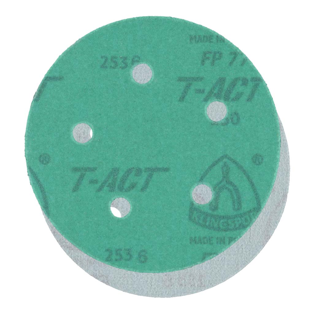 Klingspor FP77 GreenTec, 320 Grit, Film, 5"x 5 Holes, Kling-On abrasive sanding disc with premium aluminum oxide grain, waterproof polyester film backing, 5-hole dust extraction pattern, and Kling-On hook and loop attachment for fine finishing, paint preparation, composite sanding, and precision surface refinement.