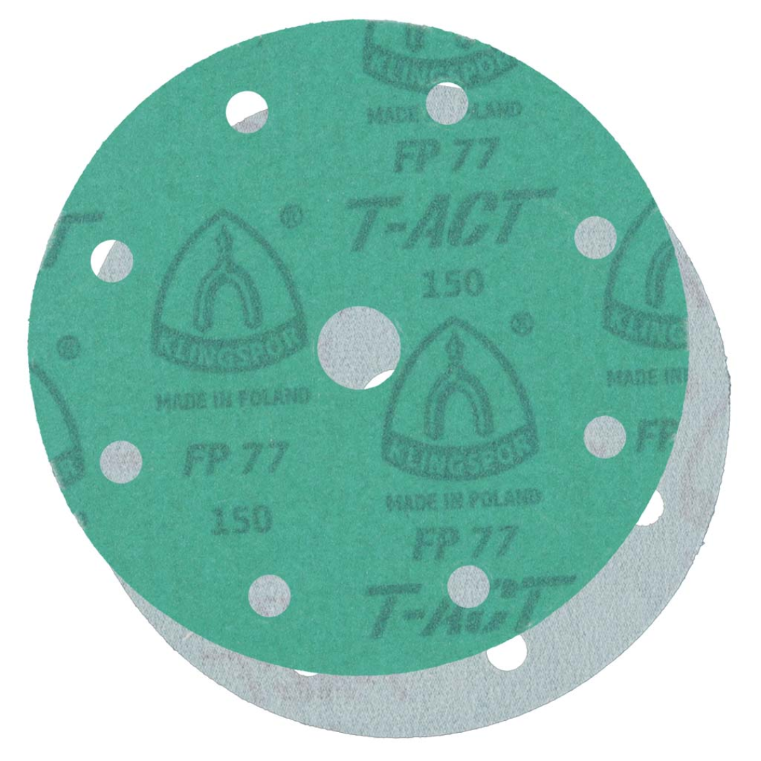 Klingspor FP77 GreenTec, 320 Grit, Film, 6"x Festool 9 Holes, Kling-On 077FPK320W-15000F abrasive sanding disc featuring premium aluminum oxide grain, GreenTec anti-loading technology, waterproof 3 mil film backing, Festool-compatible 9-hole dust extraction pattern, and Kling-On hook-and-loop attachment for professional finishing, woodworking, composite, marine, and automotive sanding applications.