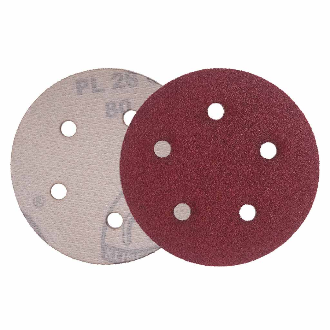 Klingspor PL28 Antistatic A/O 220 Grit sanding disc with 5-hole dust extraction pattern, C-weight paper backing, and Kling-On hook & loop attachment for fine finishing and surface preparation applications.