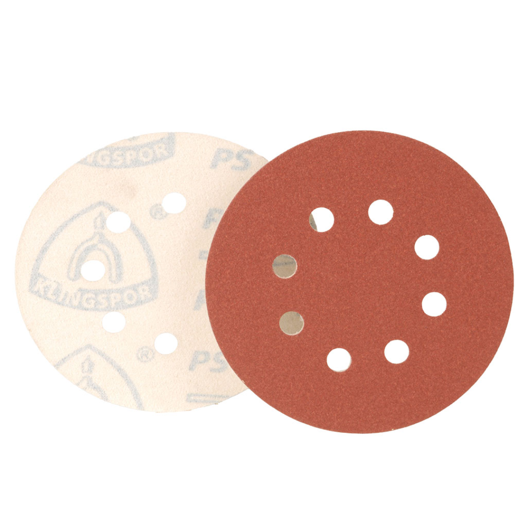 Klingspor PS29 Antistatic A/O 120 Grit sanding disc with 8-hole dust extraction pattern and Kling-On hook and loop backing for woodworking, finishing, and efficient dust-controlled sanding applications.
