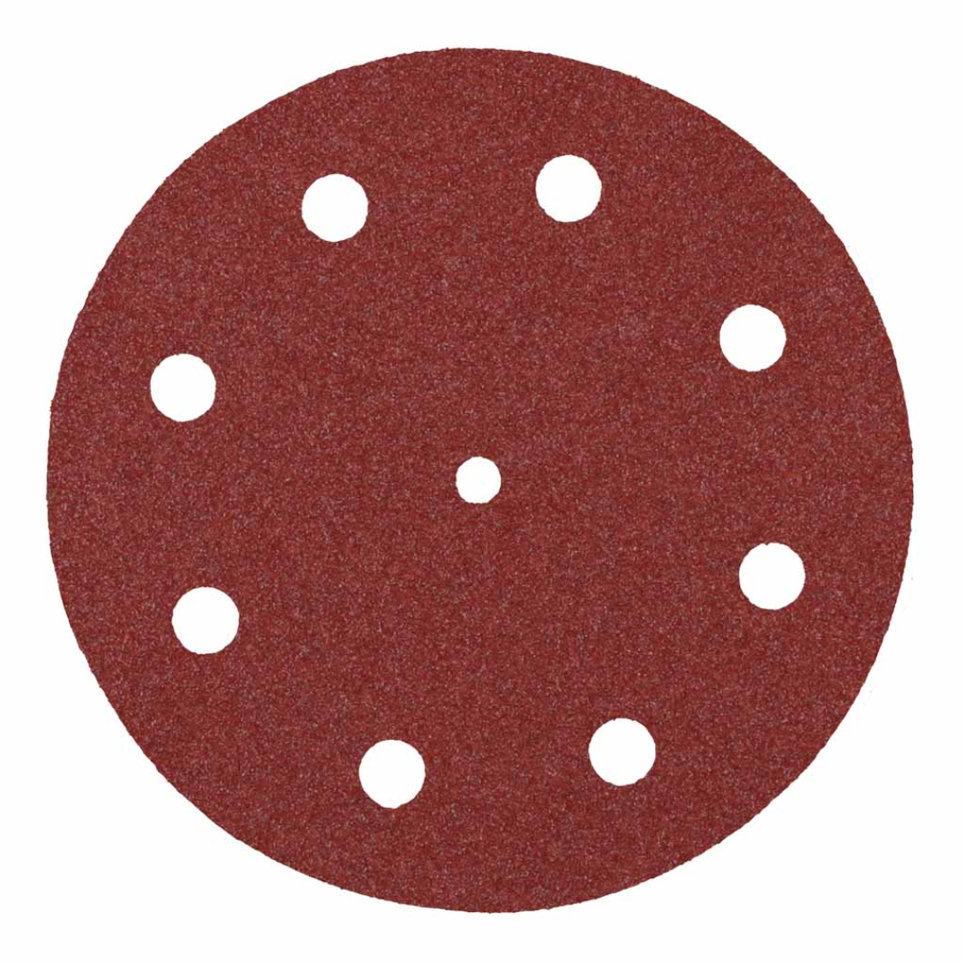 Klingspor PS29 Antistatic A/O 220 Grit sanding disc with Festool 9-hole pattern, 1/4 inch center hole, F-weight paper backing, and Kling-On hook and loop attachment for dust-controlled fine sanding applications.