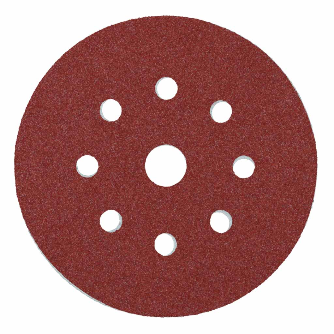 Klingspor PS29 Antistatic A/O 220 Grit sanding disc with Festool 9-hole pattern, 5/8 inch center hole, F-weight paper backing, and Kling-On hook and loop attachment for dust-controlled fine sanding applications.