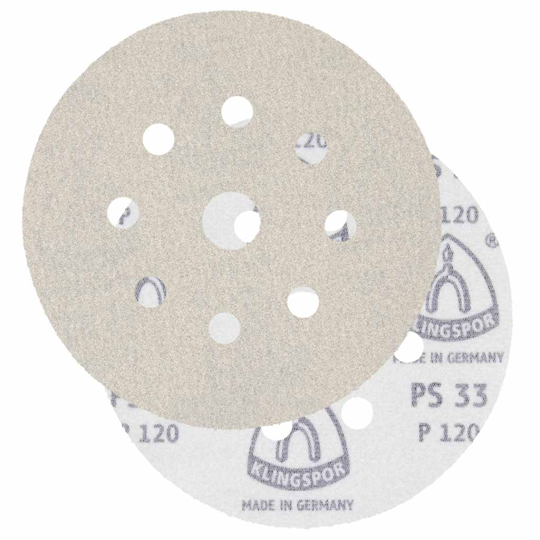 Klingspor PS33 Stearated A/O 100 Grit 5-Inch Festool 9-Hole 5/8-Inch Center Hole Kling-On sanding disc with aluminum oxide abrasive and stearated coating for efficient wood, primer, paint, and metal sanding applications.
