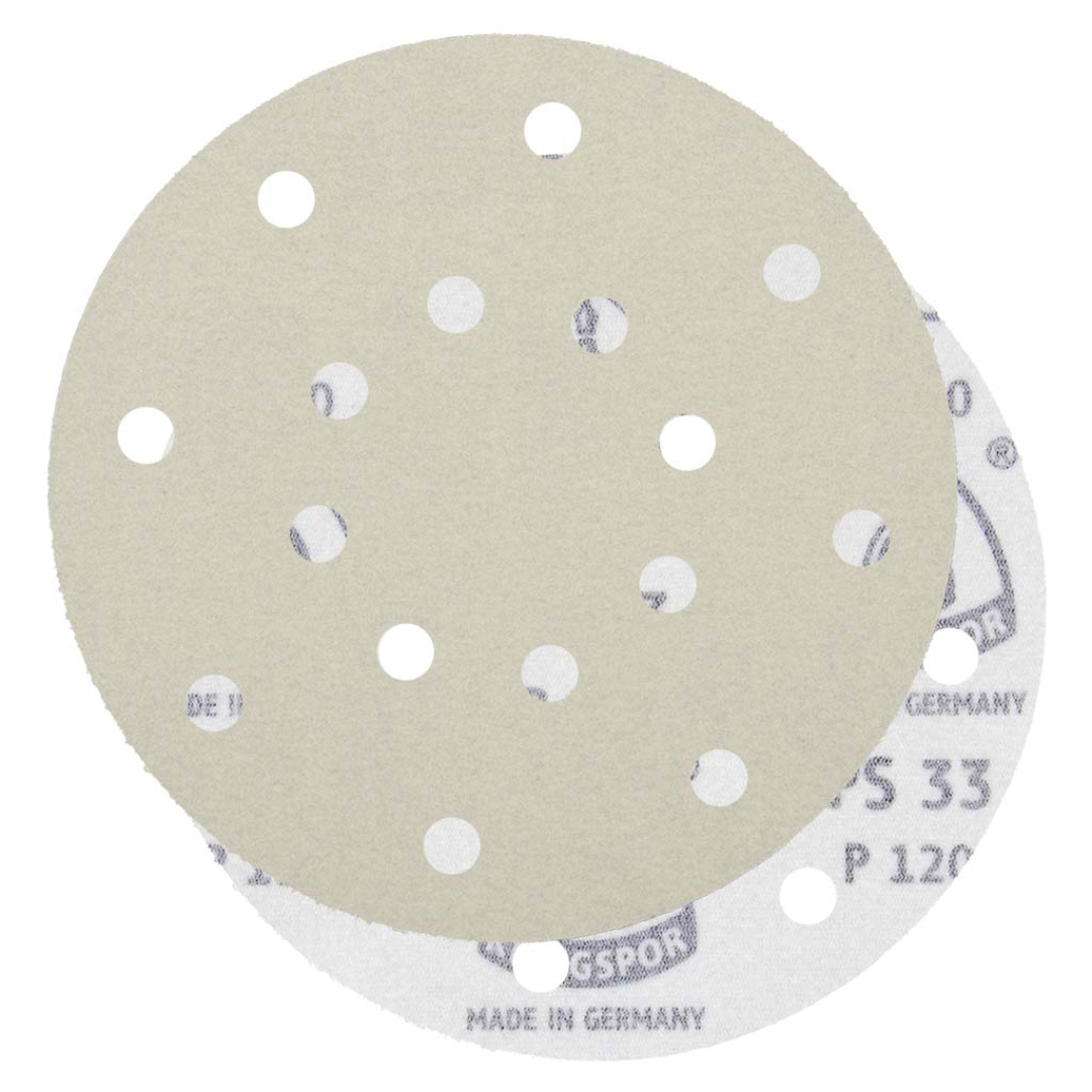 Klingspor PS33 Stearated A/O 100 Grit sanding disc with 16-hole pattern and Kling-On hook and loop backing for efficient dust extraction and smooth surface finishing applications.