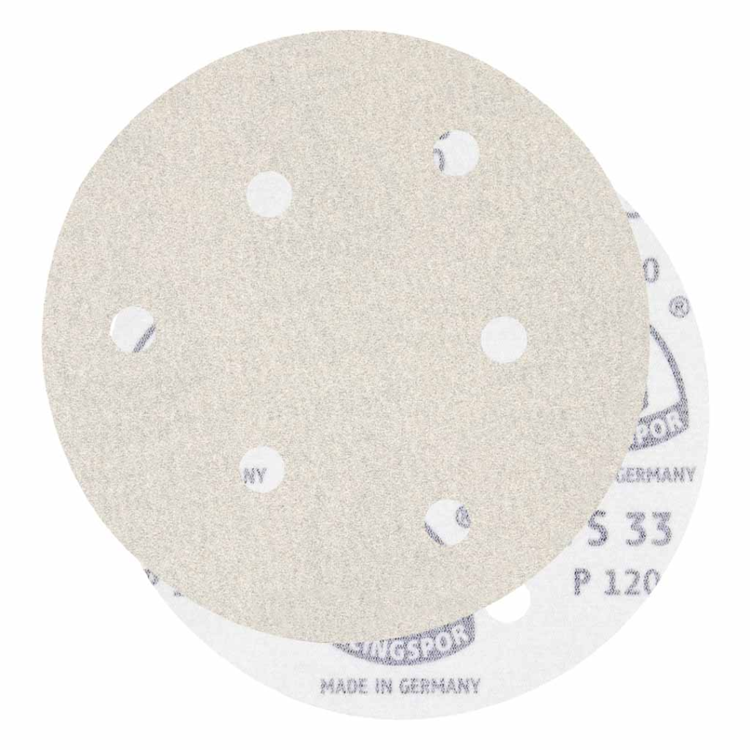 Klingspor PS33 Stearated A/O 150 Grit 5-inch sanding disc with 6-hole pattern and Kling-On hook and loop backing for efficient dust extraction and surface finishing