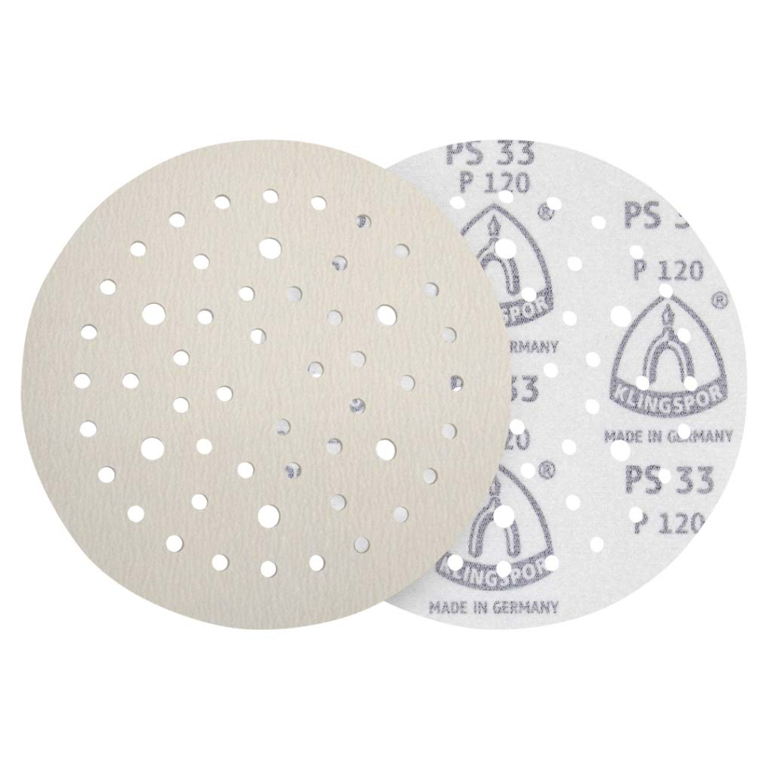 Klingspor PS33 Stearated A/O 180 Grit 6 Inch 52 Hole Kling-On sanding disc with aluminum oxide abrasive grain and multi-hole dust extraction pattern for professional finishing and surface preparation applications.