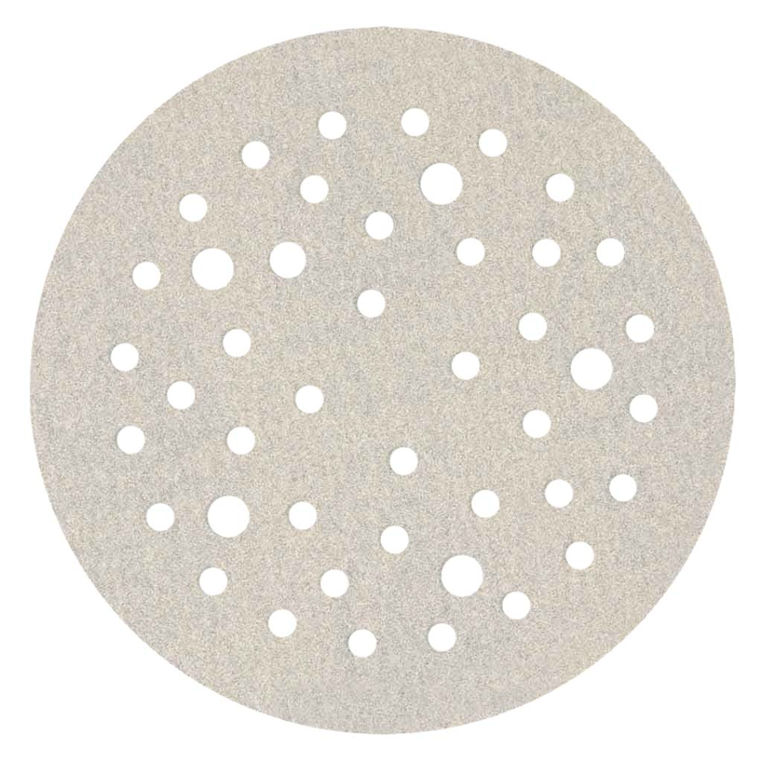 Klingspor PS33 Stearated A/O 180 Grit sanding disc with 44-hole multi-hole dust extraction pattern, 5-inch B-weight paper abrasive disc with Kling-On hook and loop backing for fine finishing and high-efficiency dust-controlled sanding applications.