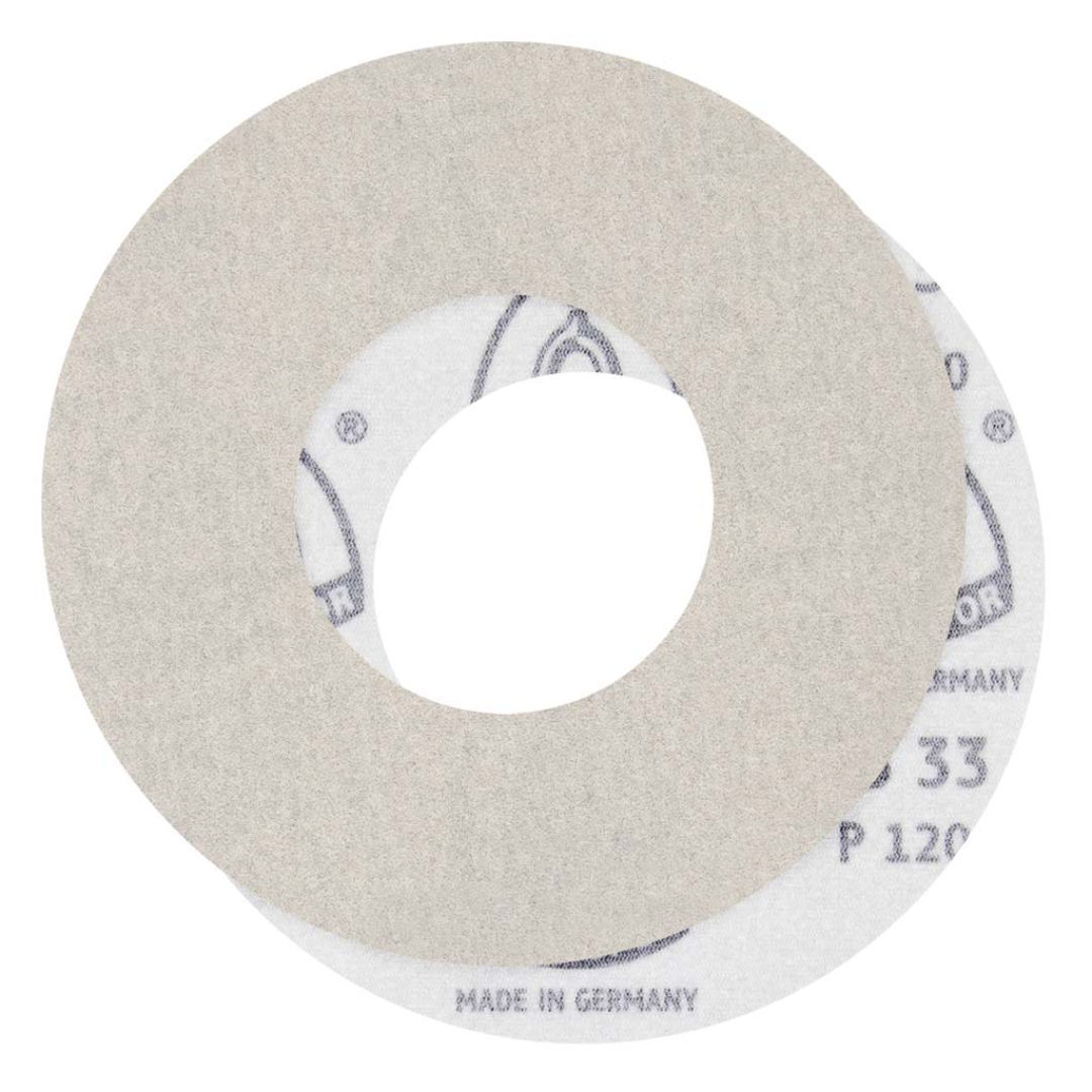 Klingspor PS33 Stearated A/O, 240 Grit, B-Wt Paper, 11"x 5" Center Hole 033K240B-28127 abrasive sanding disc featuring premium aluminum oxide grain, stearated anti-loading coating, durable B-weight paper backing, and 5-inch center hole design for efficient finish sanding on wood, metal, primer, paint, fiberglass, plastic, rubber, and composite materials.