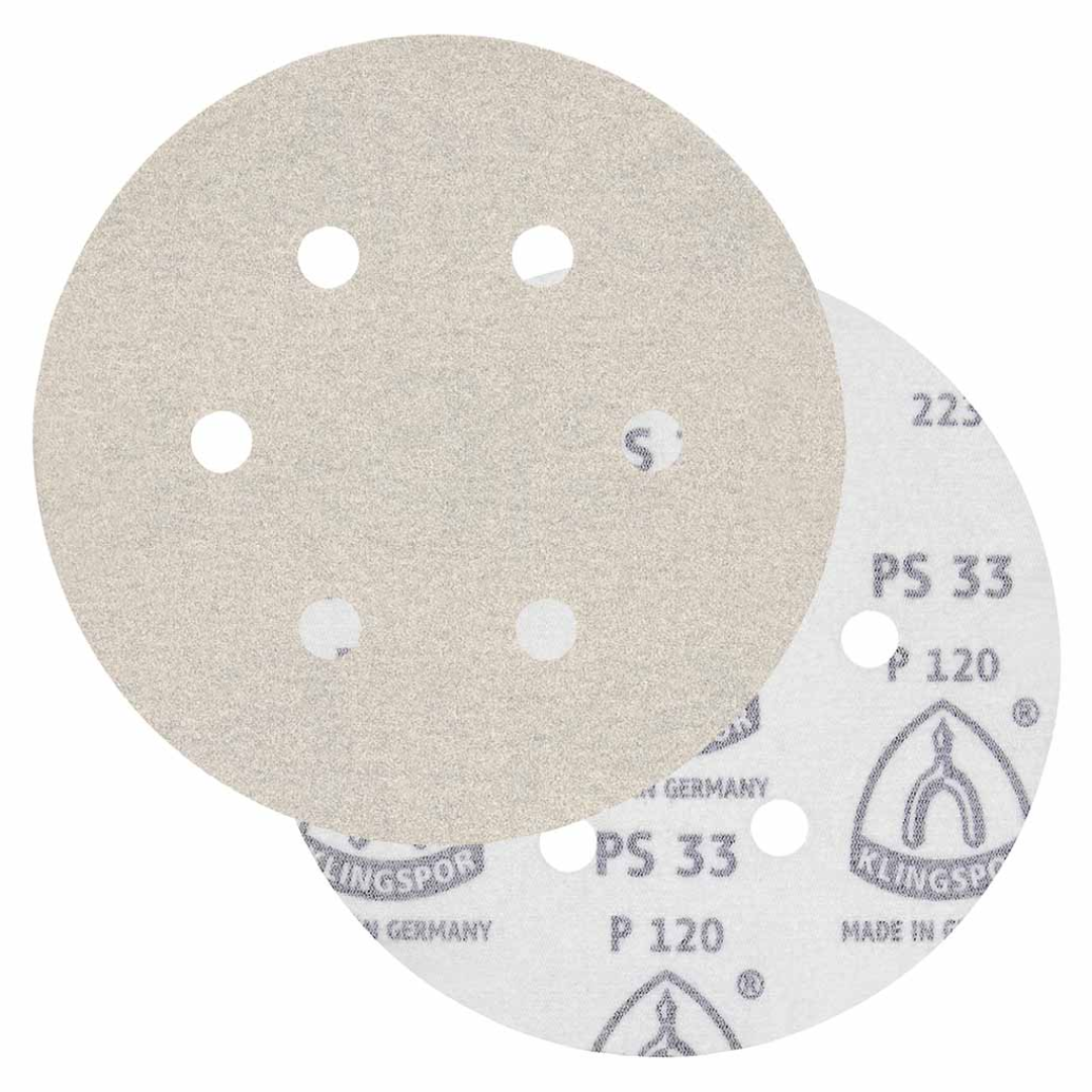 Klingspor PS33 Stearated A/O, 280 Grit, B-Wt Paper, 6"x 6 Holes, Kling-On 033K280B-15000B sanding disc featuring premium aluminum oxide abrasive grain, stearated anti-loading coating, flexible B-weight paper backing, and 6-hole dust extraction pattern for ultra-fine finish sanding on wood, primer, paint, fiberglass, plastic, rubber, and metal surfaces.