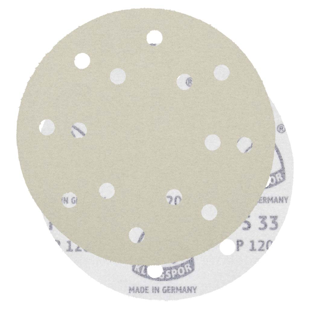 Klingspor PS33 Stearated A/O, 320 Grit, B-Wt Paper, 6"x 14 Holes, Kling-On 033K320B-15000G sanding disc featuring premium aluminum oxide abrasive grain, stearated coating, 14-hole dust extraction pattern, and hook-and-loop backing for fine finishing and surface preparation applications.