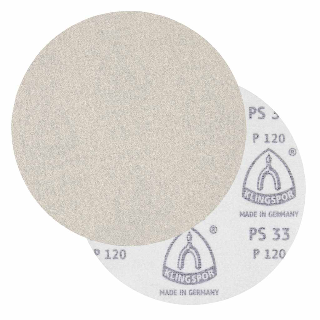 Klingspor PS33 Stearated A/O, 500 Grit, B-Wt Paper, 5" No Hole, Kling-On 033K500B-12700 abrasive sanding disc with aluminum oxide grain, stearated anti-loading coating, and hook-and-loop backing designed for ultra-fine finishing and precision surface preparation.