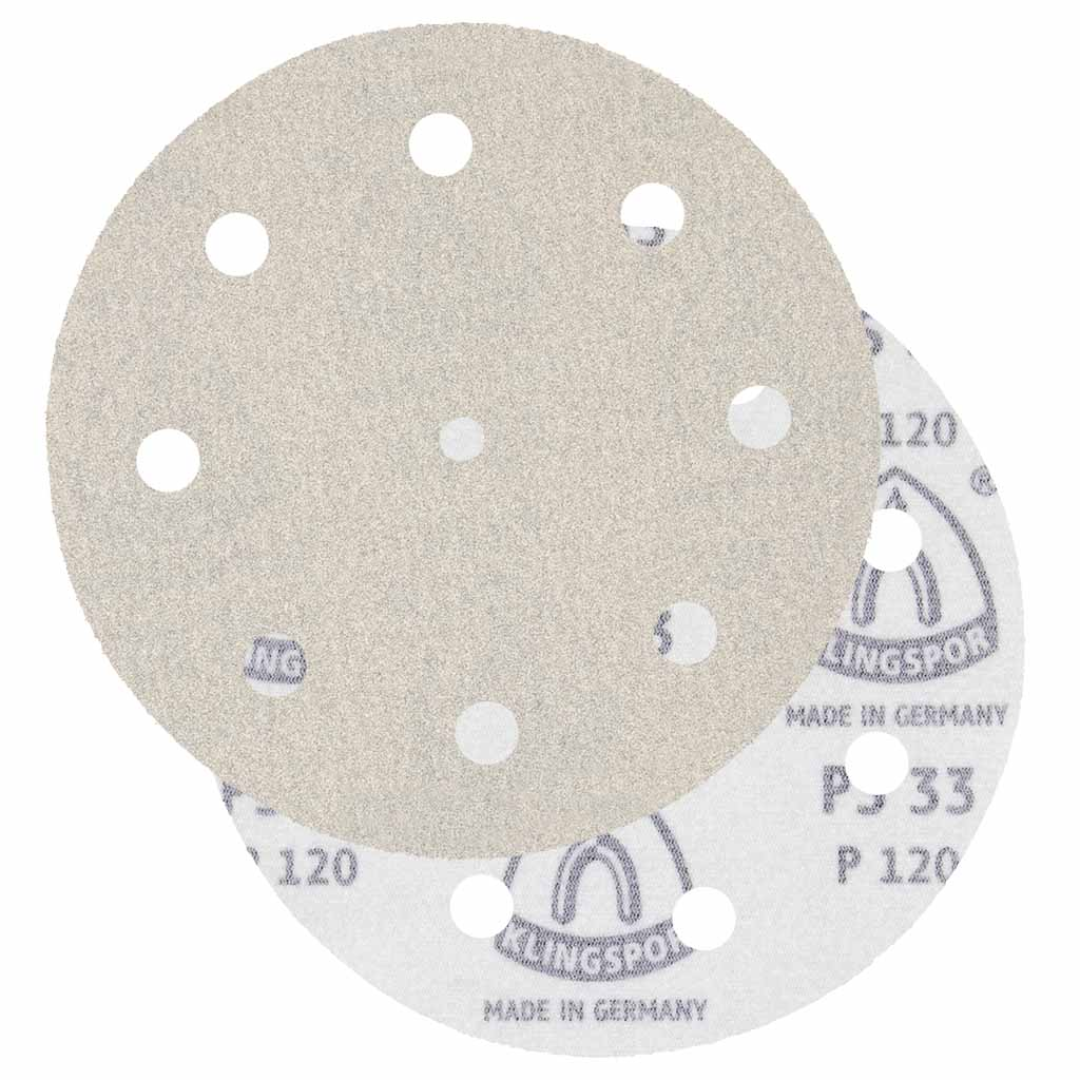 Klingspor PS33 Stearated A/O, 600 Grit, B-Wt Paper, 5" x Festool 9 Holes 1/4" Center Hole, Kling-On sanding disc featuring premium aluminum oxide abrasive grain, stearated anti-loading coating, and Festool-compatible 9-hole dust extraction pattern for ultra-fine finishing applications.