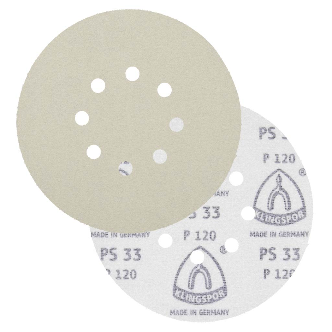 Klingspor PS33 Stearated A/O, 600 Grit, B-Wt Paper, 6" x 8 Holes, Kling-On sanding disc featuring premium aluminum oxide abrasive grain, stearated anti-loading coating, and 8-hole dust extraction pattern for ultra-fine finishing, surface preparation, and professional sanding applications.