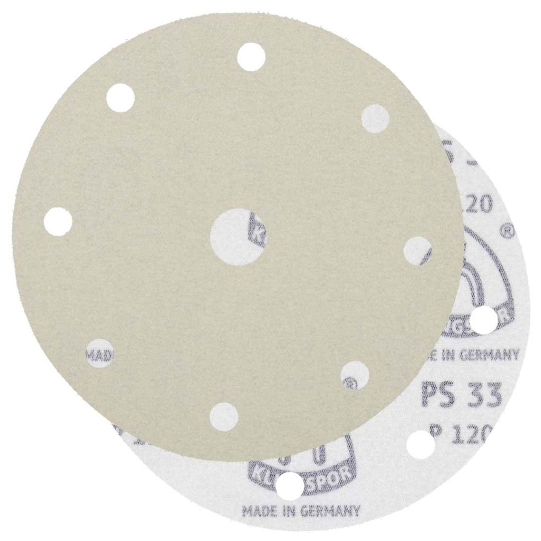 Klingspor PS33 Stearated A/O, 600 Grit, B-Wt Paper, 6" x Festool 9 Holes, Kling-On sanding disc featuring premium aluminum oxide abrasive grain, stearated anti-loading coating, and Festool-compatible 9-hole dust extraction pattern for ultra-fine finishing and professional surface preparation.