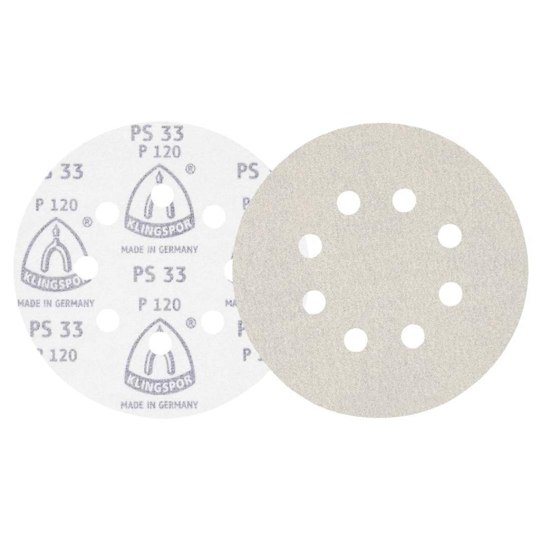 Klingspor PS33 Stearated A/O 60 Grit sanding disc with 8-hole dust extraction pattern and Kling-On hook and loop backing for reduced loading and efficient sanding on wood, primer, paint, fiberglass, and metal surfaces.