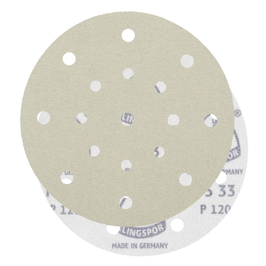 Klingspor PS33 Stearated A/O 60 Grit sanding disc with Festool 17-hole dust extraction pattern and Kling-On hook and loop backing for reduced loading and high-efficiency sanding on wood, primer, paint, fiberglass, and metal surfaces.