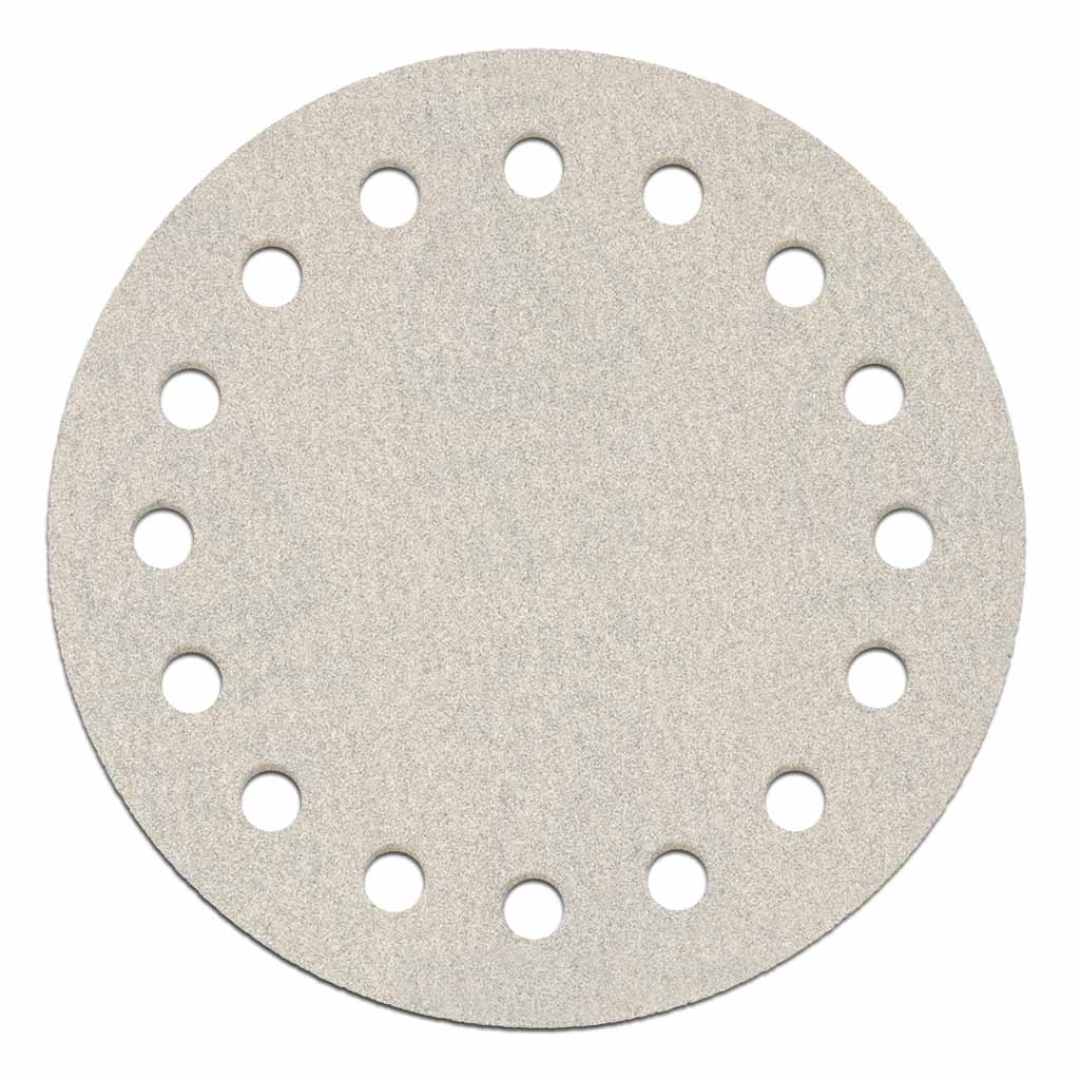 Klingspor PS33 Stearated A/O 80 Grit sanding disc with 8-inch diameter, 16-hole outside dust extraction pattern, and Kling-On hook and loop backing for professional sanding on wood, primer, paint, fiberglass, plastic, and metal surfaces.