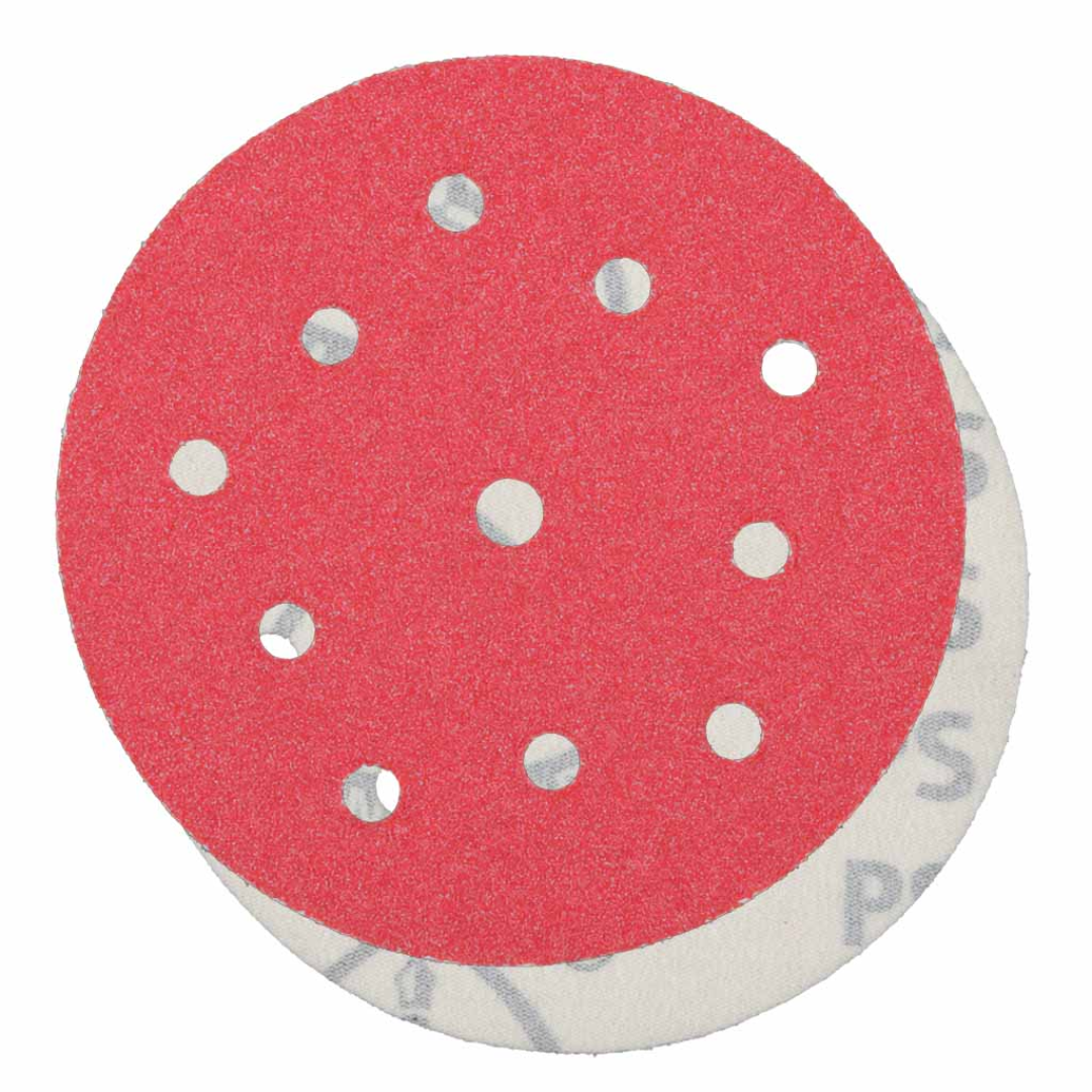 Klingspor PS61 Ceramic 80 Grit F-Wt Paper 5-inch 11-hole Dyna Extreme Vac Kling-On sanding disc with self-sharpening ceramic aluminum oxide grain and advanced dust extraction pattern for aggressive sanding, blending, and finishing on steel and stainless steel surfaces.