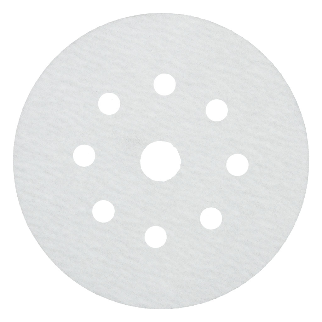 Klingspor VP73W Stearated A/O, 100 Grit, C-Wt Latex Paper, 5" x Festool 9 Holes 5/8" Center Hole, Kling-On abrasive sanding disc featuring aluminum oxide grain, latex-impregnated C-weight paper backing, double stearate coating, and Festool-compatible 9-hole dust extraction pattern for efficient sanding, reduced loading, and superior surface finishing.