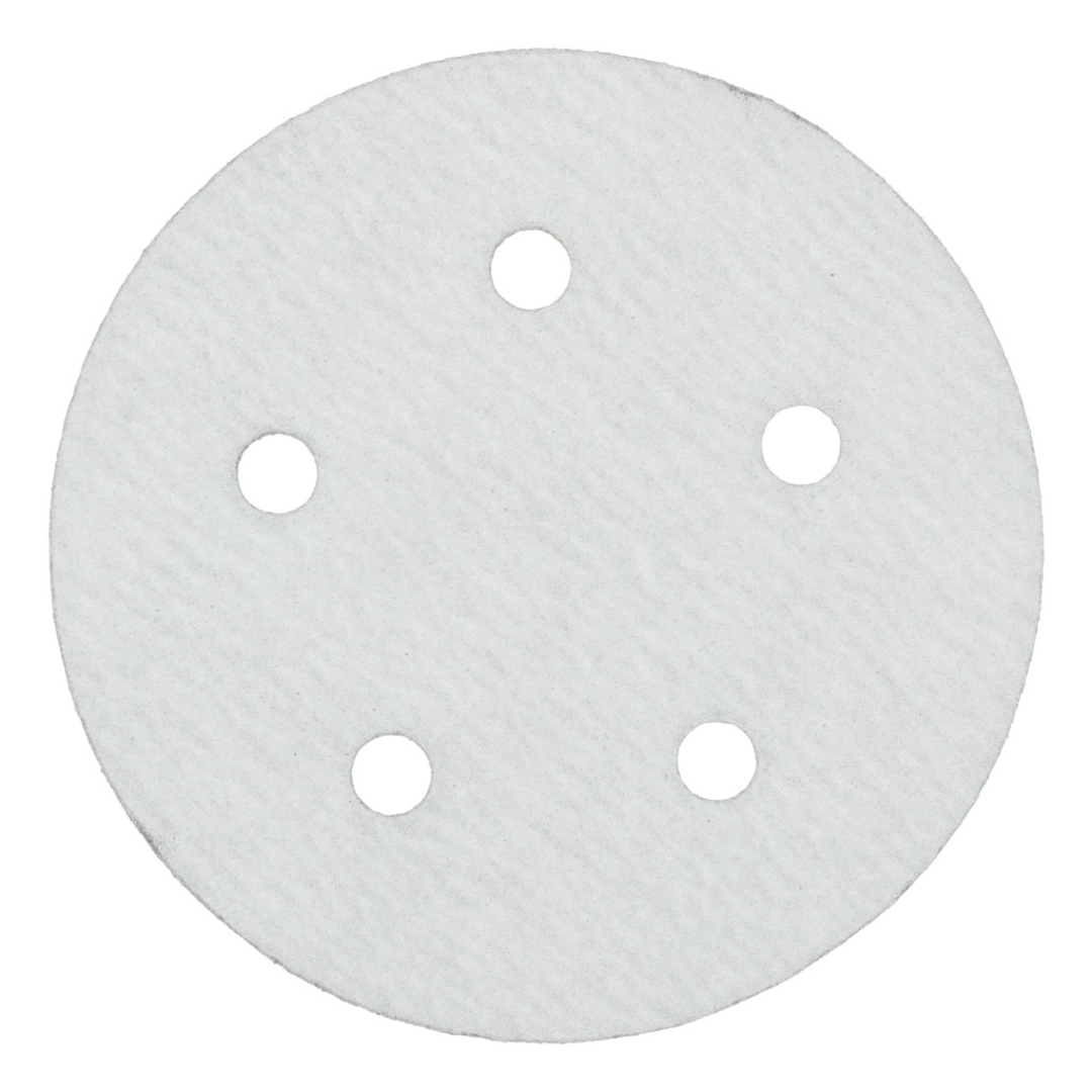 Klingspor VP73W Stearated A/O 180 Grit sanding disc with C-weight latex paper backing, 5-inch diameter and 5-hole dust extraction pattern, featuring Kling-On hook and loop attachment for efficient dust collection, reduced loading, and professional finishing applications on wood, composites, marine materials, and autobody surfaces.