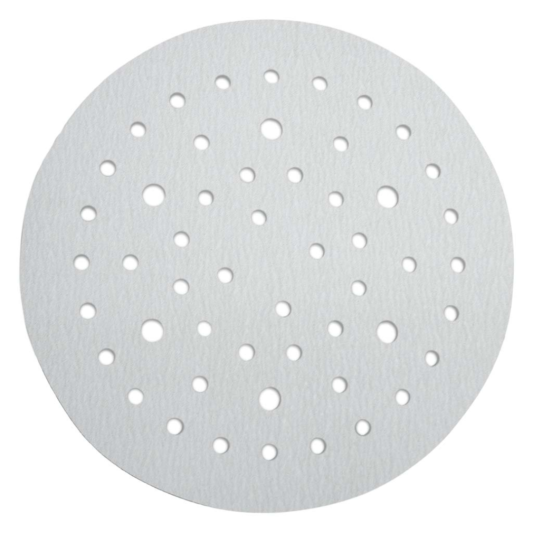 Klingspor VP73W Stearated A/O, 320 Grit, C-Wt Latex Paper, 6"x 52 Holes, Kling-On 073VPK320W-150MP hook and loop sanding disc featuring a 52-hole dust extraction pattern, aluminum oxide abrasive grain, and durable latex paper backing for fine finishing applications.