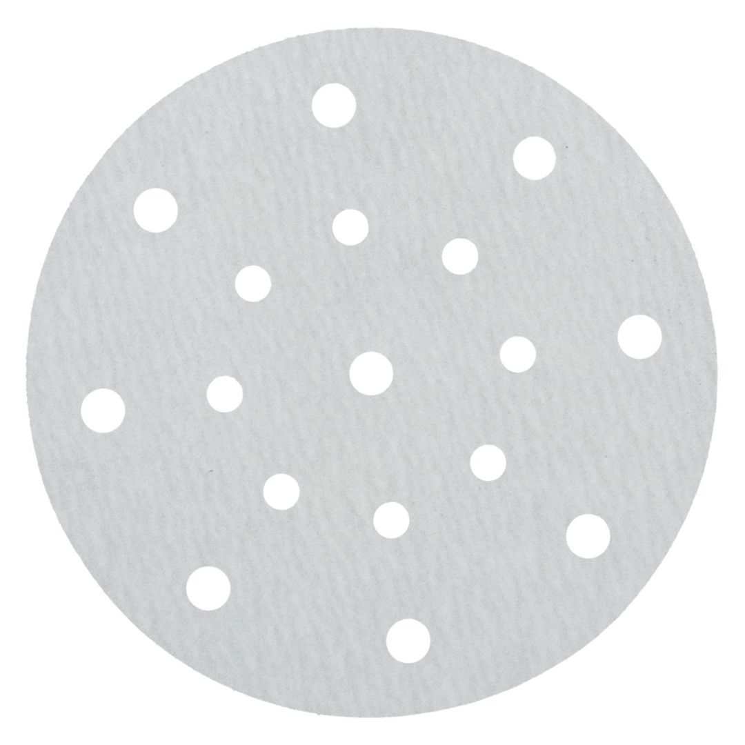 Klingspor VP73W Stearated A/O, 320 Grit, C-Wt Latex Paper, 6"x Festool 17 Holes, Kling-On 073VPK320W-15000FJ abrasive sanding disc featuring Festool-compatible 17-hole dust extraction pattern, aluminum oxide grain, latex-impregnated C-weight paper backing, and double stearate coating for fine finishing, woodworking, marine, composite, and autobody sanding applications.