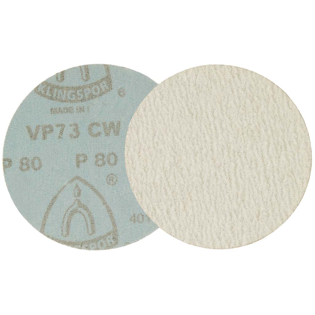 Klingspor VP73W Stearated A/O, 400 Grit, C-Wt Latex Paper, 5"x No Hole, Kling-On 073VPK400W-12700 hook and loop sanding disc featuring premium aluminum oxide abrasive grain, latex-impregnated C-weight paper backing, double stearate coating, and no-hole design for ultra-fine finishing on wood, composites, marine materials, and automotive surfaces.