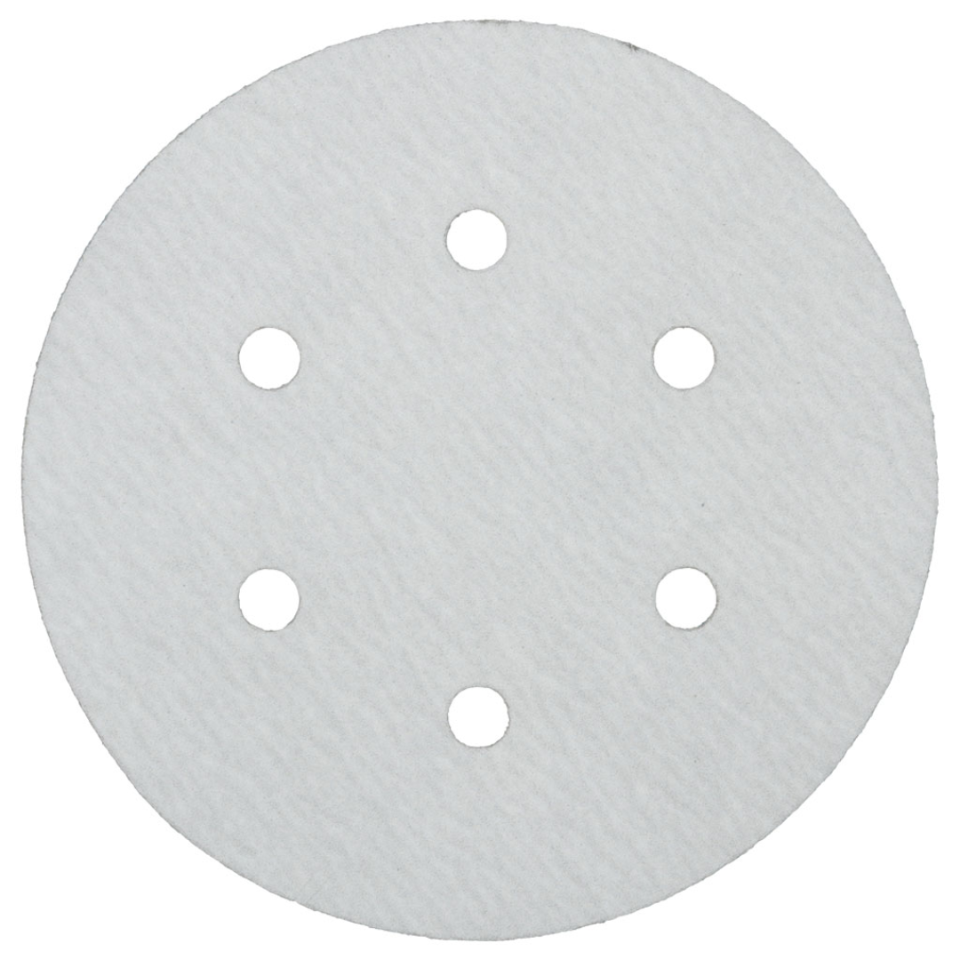 Klingspor VP73W Stearated A/O 80 Grit C-Wt Latex Paper sanding disc with 6-hole dust extraction pattern, 6-inch hook and loop abrasive disc featuring aluminum oxide grain, double stearate coating, and latex-impregnated backing for woodworking, marine, composite, and autobody finishing applications.