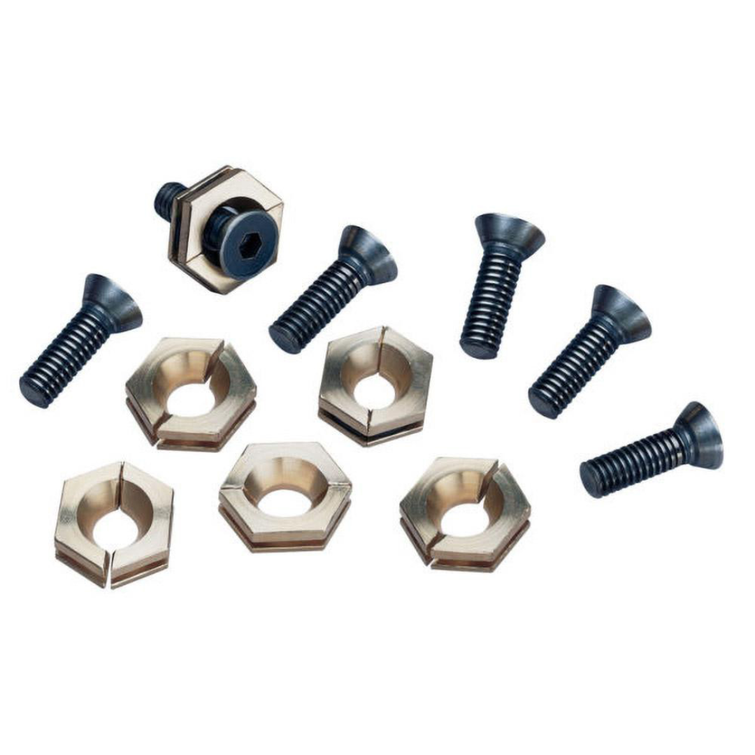 Kurt 1-1/8" Aluminum Bronze Hex, 1/2-13 Stud Thread, Symmetrical Hex Clamp 09509837 angled view showing symmetrical hex clamp components, durable aluminum bronze construction, threaded hardware, and mounting accessories for industrial machining and fixture setups.