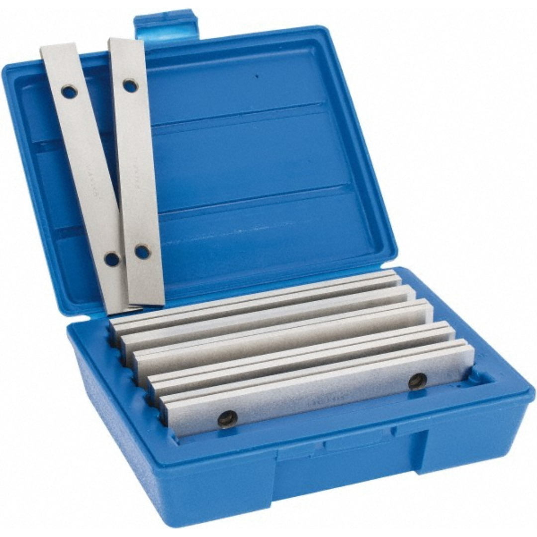 Kurt 12 Piece Parallel Set 09004201 displayed in an open blue storage case with precision-ground steel parallels organized for accurate machine setup, milling, grinding, inspection, and workholding applications.