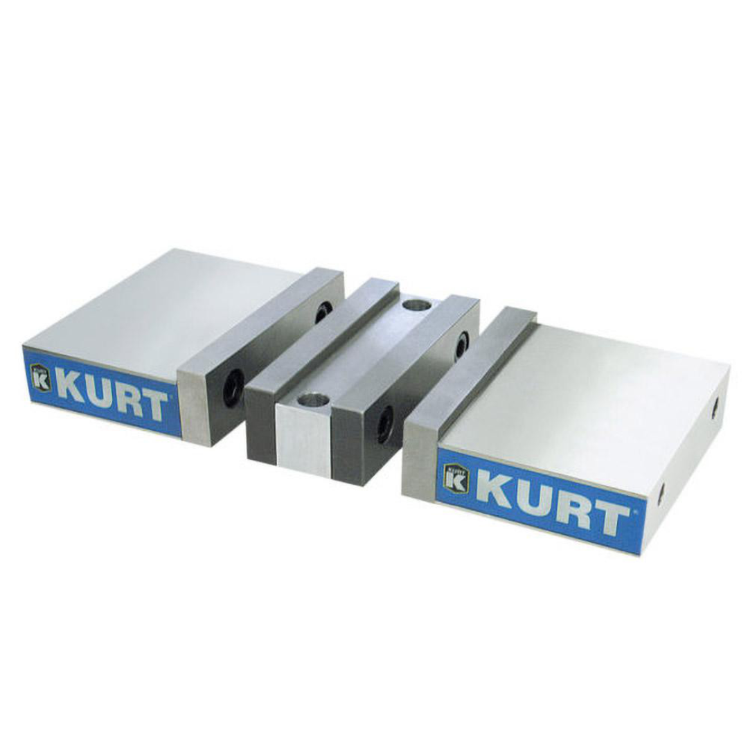 Kurt 152.4mm Wide Steel 3-Jaw Standard Vise Jaw Set 81274342 shown in a front angled view featuring a precision-machined steel 3-jaw vise jaw set with hardened gripping surfaces, durable construction, and accurate workholding geometry for CNC machining and milling applications.