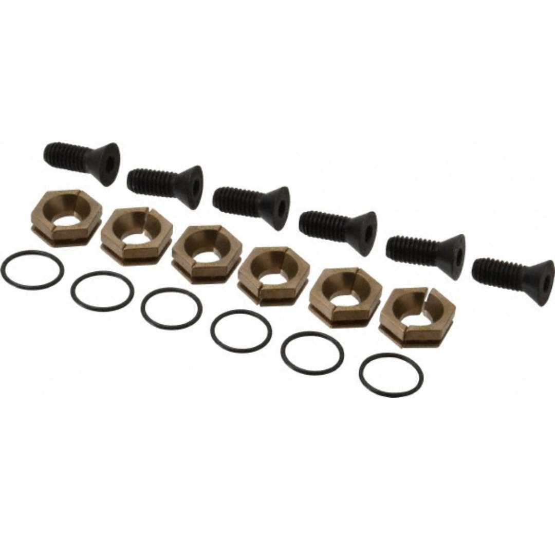 Kurt 15/16" Aluminum Bronze Hex, 3/8-16 Stud Thread, Symmetrical Hex Clamp 09509829 precision hex clamp kit featuring aluminum bronze hex elements, mounting hardware, and sealing rings for secure workholding and fixturing applications.