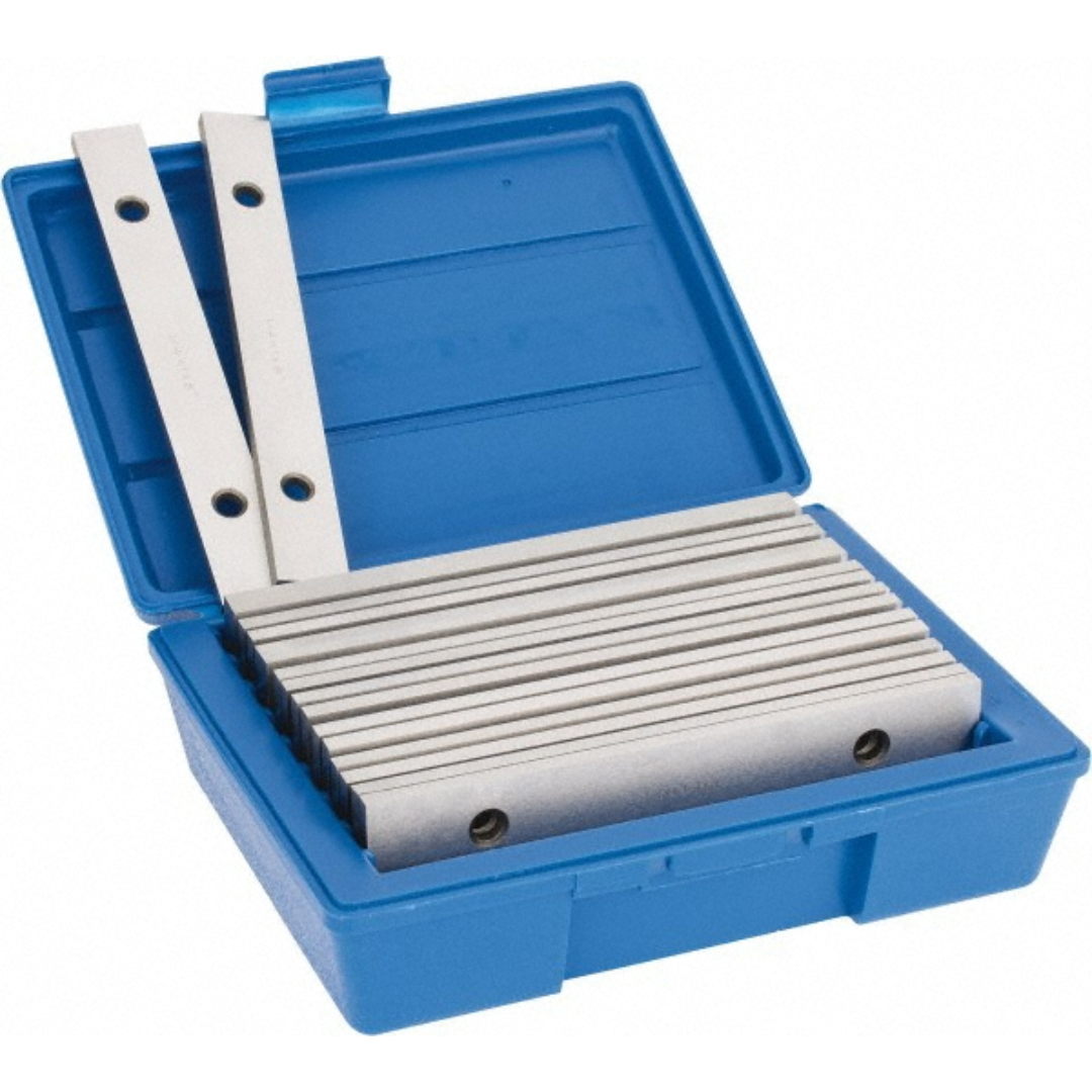Kurt 18 Piece Parallel Set 84073154 in an open blue storage case with precision-ground steel parallels neatly organized for milling, machining, inspection, and setup operations.