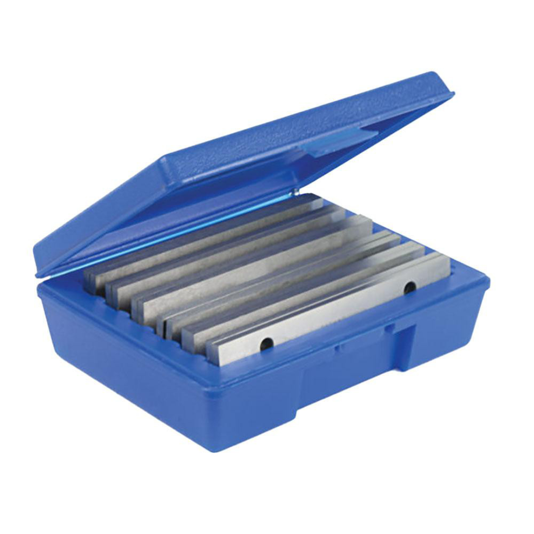 Kurt 18 Piece Parallel Set 84073154 shown in a blue protective case with the lid partially open, displaying precision steel parallels designed for accurate workholding and machine setup applications.