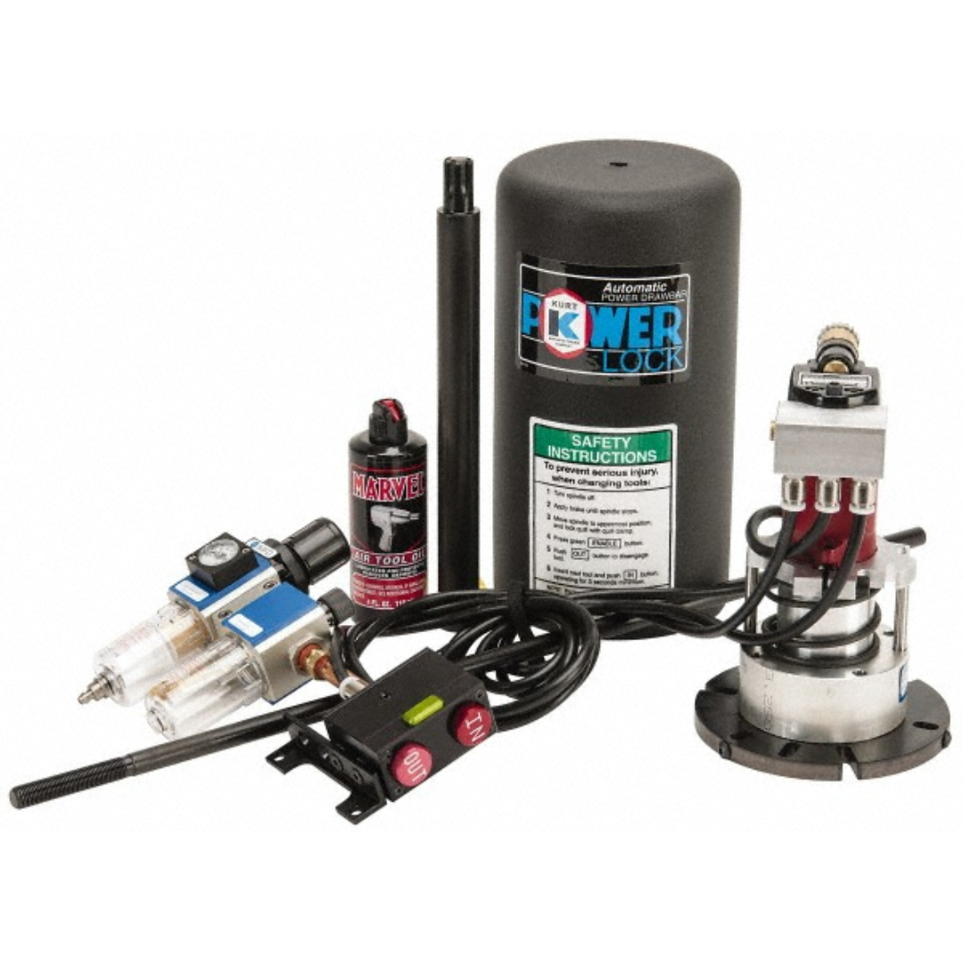 Kurt 2-1/8" Bar Length, 7/16-20 Milling Machine Drawbar 79685913 automatic power drawbar system with pneumatic controls, drawbar actuator, lubrication components, and industrial hardware designed for rapid tool changes on milling machines.