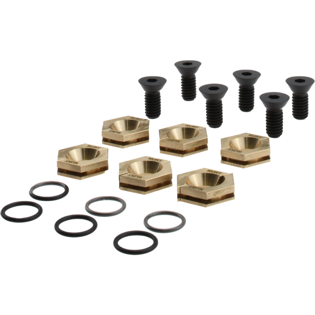 Kurt 5/8" Aluminum Bronze Hex, 5/16-18 Stud Thread, Symmetrical Hex Clamp 09509811 accessory components and installation hardware arranged for use in precision machining and workholding applications.