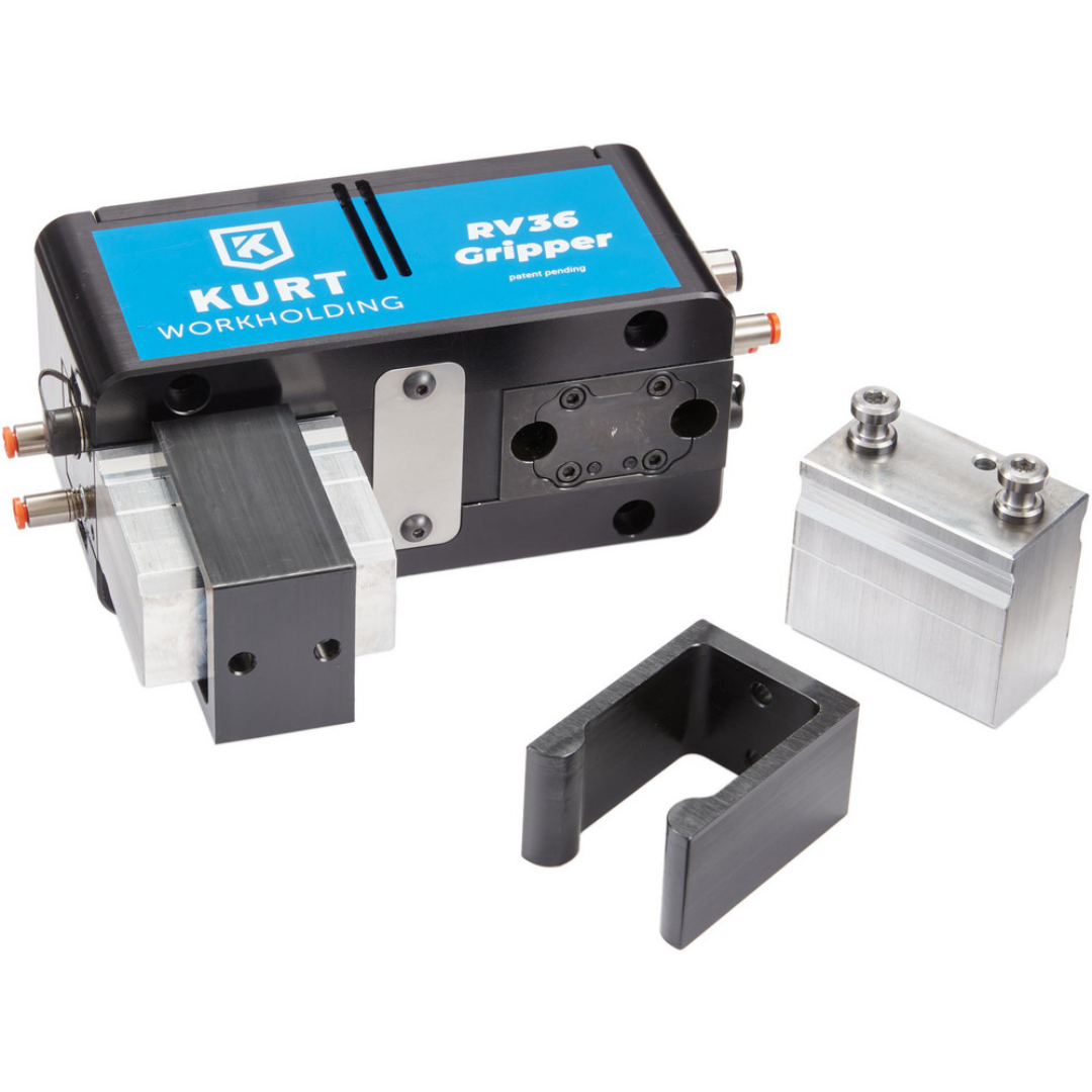 Kurt Air Grippers: Grip Type: 2-Jaw Precision Parallel Gripper; Grip Style: Parallel; Holding Type: Internal; Operating Pressure (psi): 100 psi 55542161 pneumatic precision parallel gripper assembly with mounting accessories, engineered for robotic automation, machine tending, and high-accuracy material handling applications.
