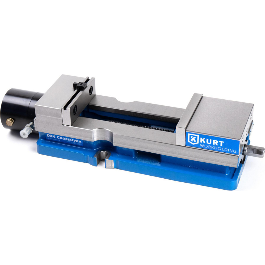 Kurt CNC Machines Vise: DX, Single-Station, 4.0000" Jaw Width, 9.0" Jaw Opening, Stationary Base, Precision 05318027 displayed in a side perspective view illustrating jaw positioning, vise body geometry, stationary mounting base, and precision clamping configuration for CNC machining operations.