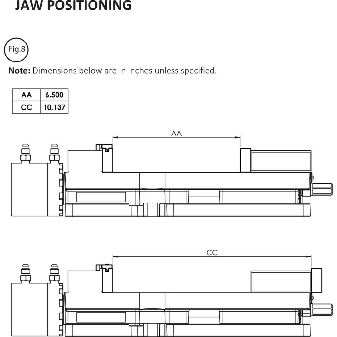 Kurt CNC Machines Vise: DX, Single-Station, 4.0000" Jaw Width, 9.0" Jaw Opening, Stationary Base, Precision 05318027 jaw positioning and dimensional reference drawing illustrating jaw opening range, clamping geometry, and critical setup measurements for precision machining applications.
